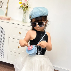 Cute blue flower crossbody bag for girls with PU leather and matching denim beret accessory