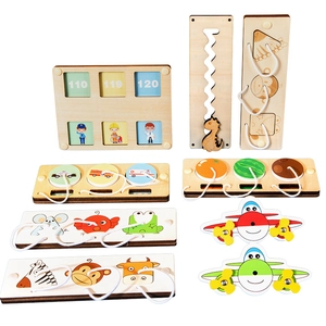 Educational wooden busy board set for toddlers with numbers and shape matching puzzles