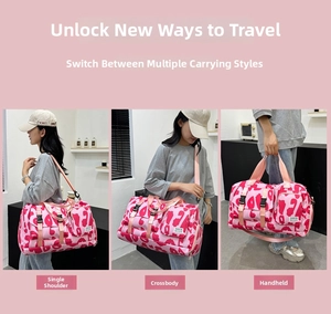 Pink leopard print travel bag with side pocket and versatile carry straps for fitness