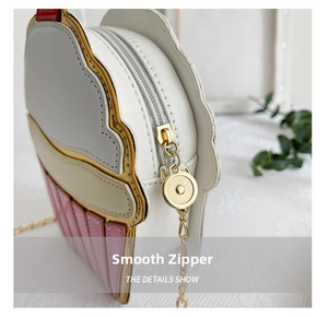 Detailed close-up of the smooth golden zipper and premium stitching on the cupcake bag