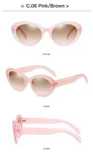 Vista a tre angolazioni di occhiali da sole cat-eye rosa con lenti sfumate e marchio CE