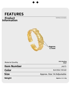 Detail of 18K gold S925 sterling silver open ring with irregular lava texture and 5.7mm width