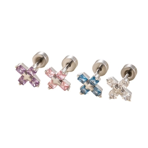Cross-shaped stainless steel screw-back earrings with colorful square zircon crystals