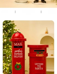 Festive red metal Christmas mailboxes with Merry Christmas letters and wreath decorations