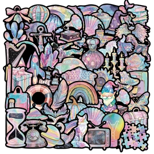 Holographic Decorative Stickers Laser Waterproof PVC For Laptop Guitar Suitcase DIY Dreamy Purple Black Cartoon Patterns