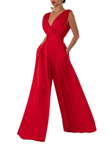 Detailed view of glossy red satin sleeveless jumpsuit with deep V-neck and wide legs
