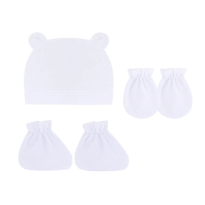 Weißes Baby-Set aus Baumwolle mit Bärenohrenmütze und weichen Fäustlingen für Neugeborene
