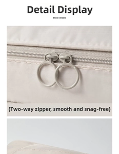 Detail of travel organizer featuring smooth dual ring zippers and durable fabric