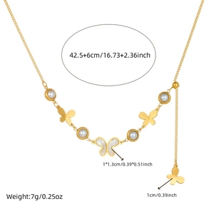 Gold stainless steel necklace with butterfly pendants and pearls, product dimensions shown