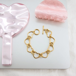 Classic 18K gold plated stainless steel hollow heart chain bracelet with OT toggle clasp