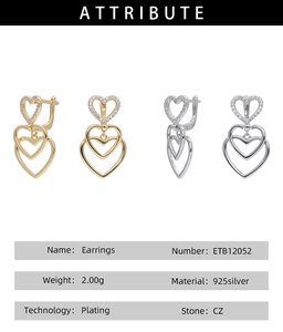 Detail shot of heart-shaped S925 sterling silver earrings with CZ stones and S925 hallmark