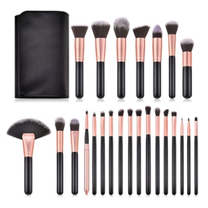 Set of 24 professional makeup brushes with rose gold ferrules and a black PU leather pouch