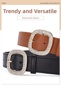 Detail view of black and brown leather belts featuring square buckles with sparkling rhinestones