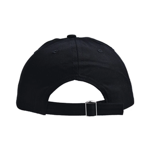 Detail view of the black baseball cap showing the adjustable metal buckle and rear cotton strap
