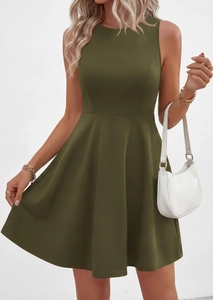 Detail of an olive green sleeveless A-line mini dress featuring a classic round neck