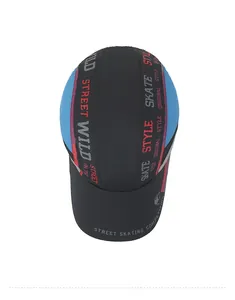 Top down view of black and blue breathable sports cap with Street Wild graphic print