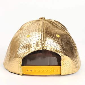 Golden faux crocodile skin hip hop snapback hat with adjustable yellow strap closure