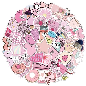 50 pieces of pink aesthetic vinyl stickers with cute camera and flower patterns