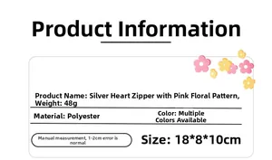 Polyester makeup bag specification table with pink floral pattern and silver heart zipper