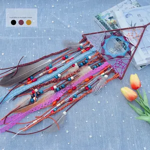 Handmade bohemian triangular dream catcher with colorful feathers and lace ribbons decoration