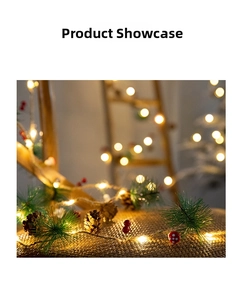 Detail of LED string lights with pine cones, needles, and berries for festive decor
