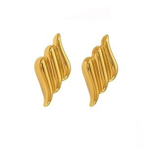 Macro detail of 18k gold plated stainless steel wing earrings with high polish finish