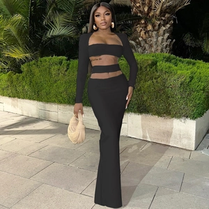 Vêtements Sexy Femme Haut Court Manches Longues Ajouré Et Jupe Longue Ajustée Taille Haute Couleur Unie Polyester