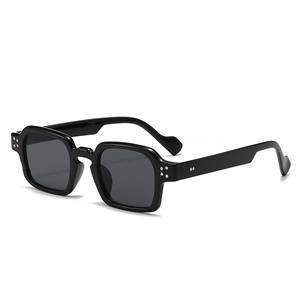 Classic black square frame sunglasses with silver rivets and dark grey lenses in 45-degree view