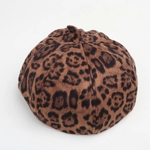 Vintage leopard print faux suede beret hat for women featuring a thick plush texture