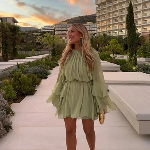 Elegant sage green high-waist tiered ruffle dress with flared sleeves for women