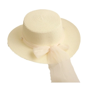 Flat top straw hat in cream with elegant pearl accents and a sheer bow ribbon detail