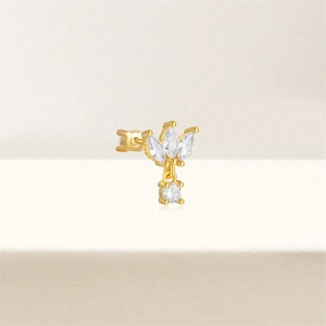 Detail view of gold S925 sterling silver cartilage stud with marquise cubic zirconia