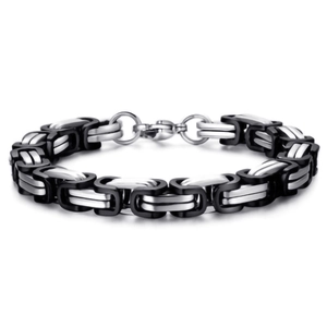 Two-tone silver and black Byzantine steel bracelet with square clasp in a flat layout