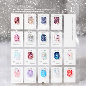Nail art glitter display set with 18 vibrant laser hexagonal sequins on acrylic board
