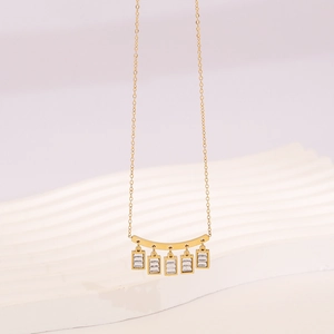 Golden geometric square glass pendant necklace with minimalist five rectangle charms