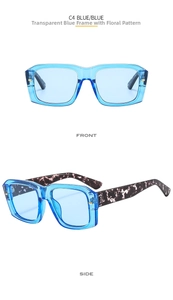 Detail view of blue rectangular sunglasses with tortoiseshell patterned temples and metal hinge