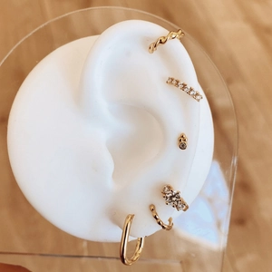 Golden S925 silver needle hoop earrings set with round zircon stones on ear model