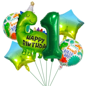 6-piece dinosaur balloon set with green dino and number one for birthday party decor