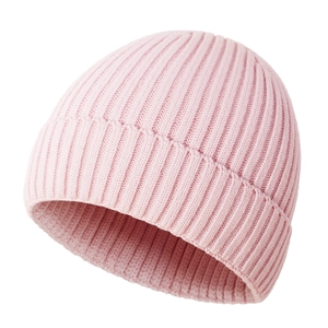 Close-up of pink knitted baby beanie with ribbed texture and folded brim for warmth