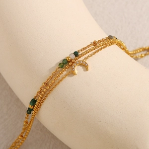 Three-layer 18K gold plated stainless steel bracelet with green beads and moon charm