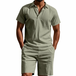 Detail of olive green linen texture on men's Polo shirt and shorts leisure summer set