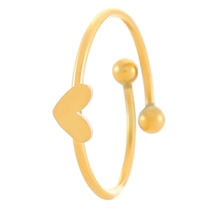 Macro shot of gold stainless steel open ring featuring a heart and bead detail