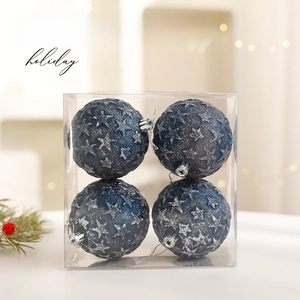 Dark blue Christmas ball ornaments with silver star relief in 4-pack gift box packaging