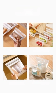 Detailed four-grid view of transparent self-sealing bags for organizing snacks and clothes