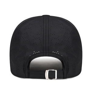 Lightweight black quick-dry baseball cap featuring laser-cut perforations and metal buckle