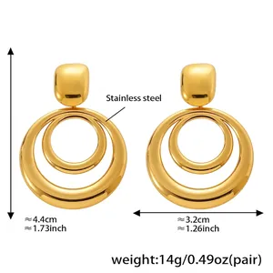 Size chart for golden geometric stainless steel earrings with precise dimensions in inches