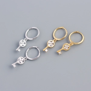 925 Sterling Silver Hoop Earrings With Zircon Inlaid Clover Key Pendant Korean Style Jewelry For Women