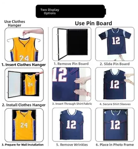 Detailed guide showing jersey shadow box assembly with hanger and pin board options