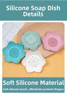 Detail of lotus-shaped silicone soap dishes in mint green, pink, blue, and white colors