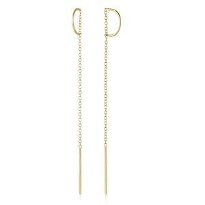 Detail of minimalist S925 sterling silver long tassel chain earrings with golden finish